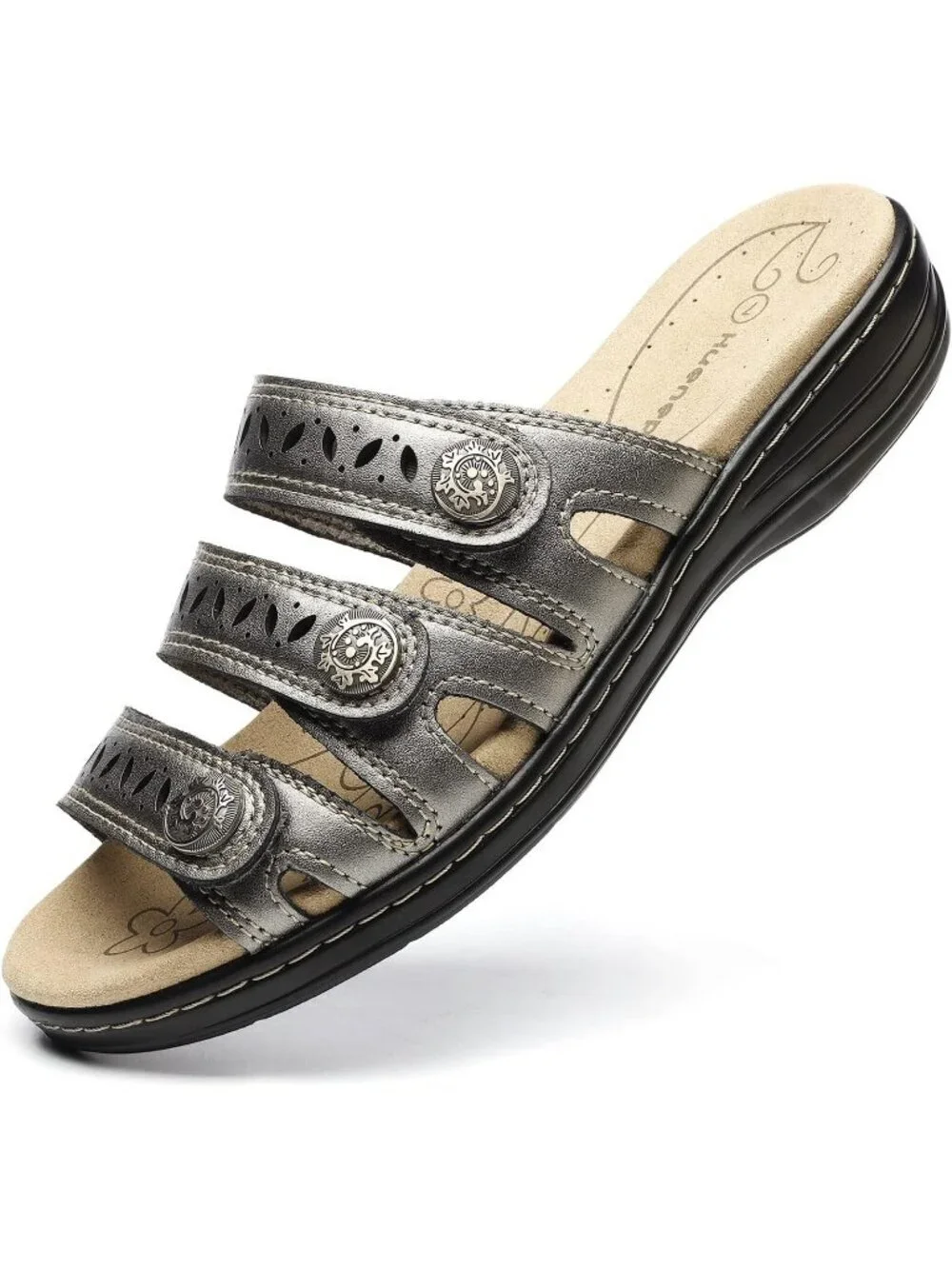 Women's Comfort Leather Slides Flat Sandals Pewter Slip On Walking Slippers - Picture 1 of 6